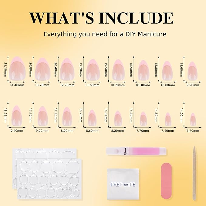 Leefrei French Tip Press on Nails - Pink Short Almond Press on Nail, Glossy Fake Nails Reusable Nails Press ons for Women, 32 Pieces in 16 Sizes False Nails Kit with Glue, Petal Line