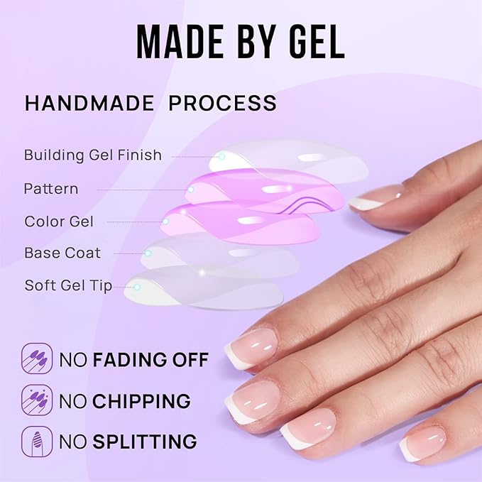 BTArtbox French Tip Press on Nails - Gel Press on Nails Short, No Fade Out Fake Nails with Nail Glue, Seamless Fit Glue on Nails in 15 Sizes Nail Kit for Wedding, Classic White
