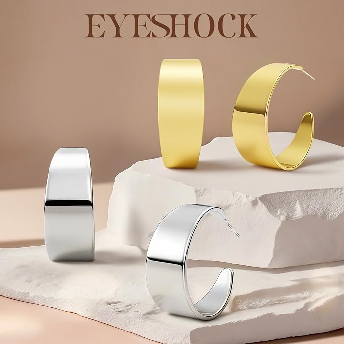 Eyeshock Chunky Gold Hoops Hypoallergenic Thick Statement Earrings for Women 18K Gold Plated Wide Hoop Earrings with Sterling Silver Post