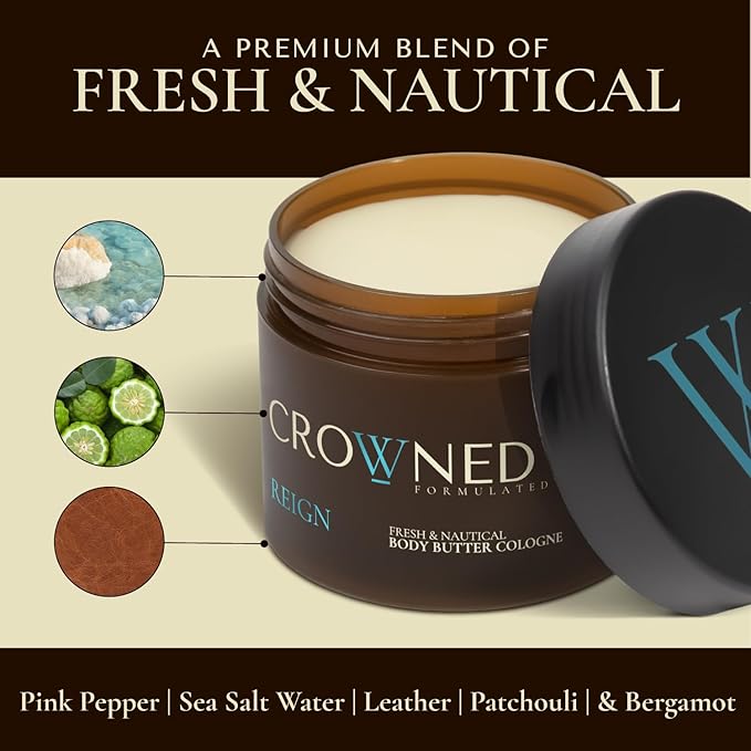Crowned Skin Reign Body Butter Cologne and Body Oil Cologne Bundle | New Moisturizing Formula | Skin Care Set with Pink Pepper & Bergamot Scent | Natural Shea & Mango Butters | All-Day Fragrance