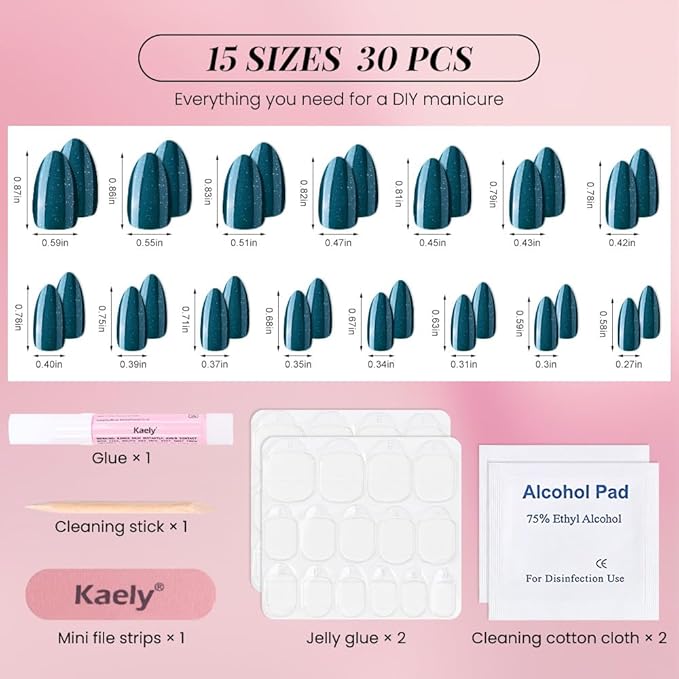 evpct Dark Cyan Green Press on Nails Short Almond, Glitter Shimmer Shiny Short Almond Fake Nails for Women Gift, Soft Gel Press Stick on Nails with Nail Kit, 30Pcs Reusable Acrylic Nail Manicure Kit