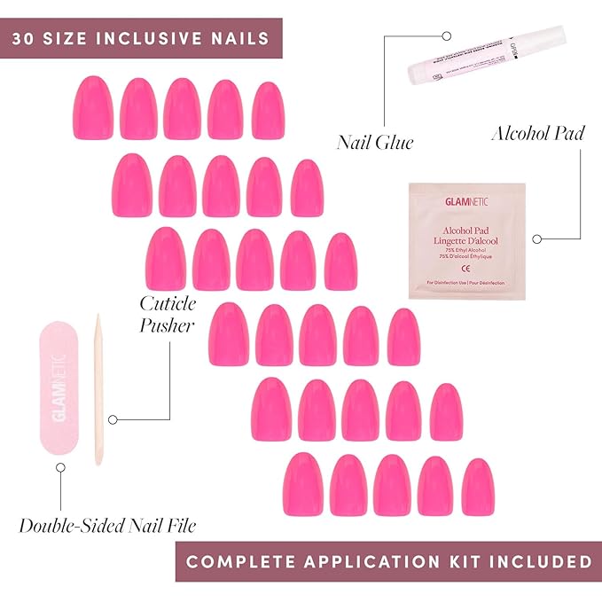 Glamnetic Press On Nails - Hot Pink | Opaque Bright Neon Pink Short Oval Fake Nails, Salon Quality | 15 Sizes - 30 Nail Kit