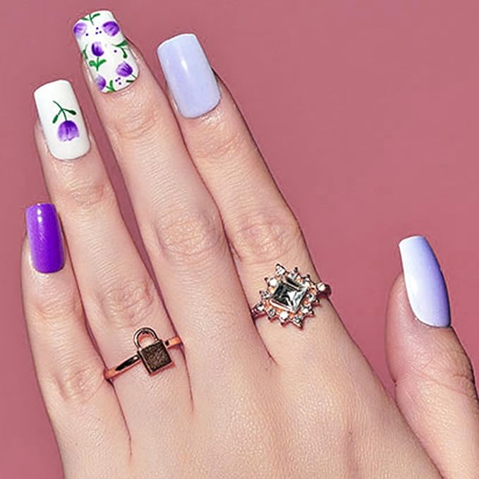 GLAMERMAID Dark Purple Press on Nails Medium Square, Floral Blossom Deep Purple Gel False Nals, Tulip Glue on Nails Kit for Women, Natural Lavender Reusable Stick on Acrylic Fake Nails Manicure Set