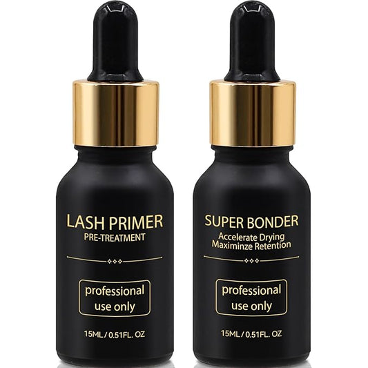 Miuffue Lash Bonder and Primer Kit for Eyelash Extensions, Glue Accelerator Lash Sealant, Eyelash Extension Primer Protein Oil Remover, Adhesive Makeup Tools for Professional Use (15ml+15ml)