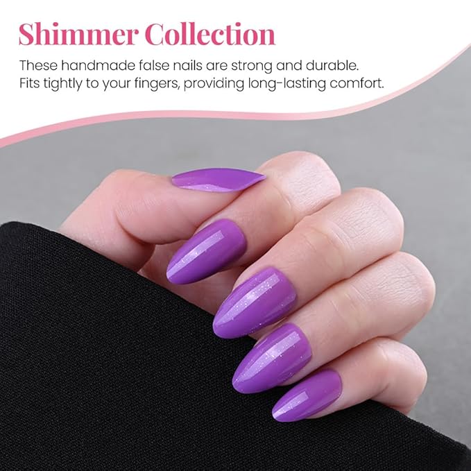 evpct Press on Nails Almond Short, Violet Purple Glitter Shimmer Shiny Short Almond Fake Nails for Women Gift, Soft Gel Press Stick on Nails with Nail Kit 30Pcs Reusable Acrylic Fake Nail Manicure Kit