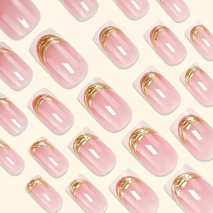 Square Press on Nails Medium - White French Tip Fake Nails with Gold Stripes Design - Glossy Full Cover Stick on Nails - for Women 24 Pcs
