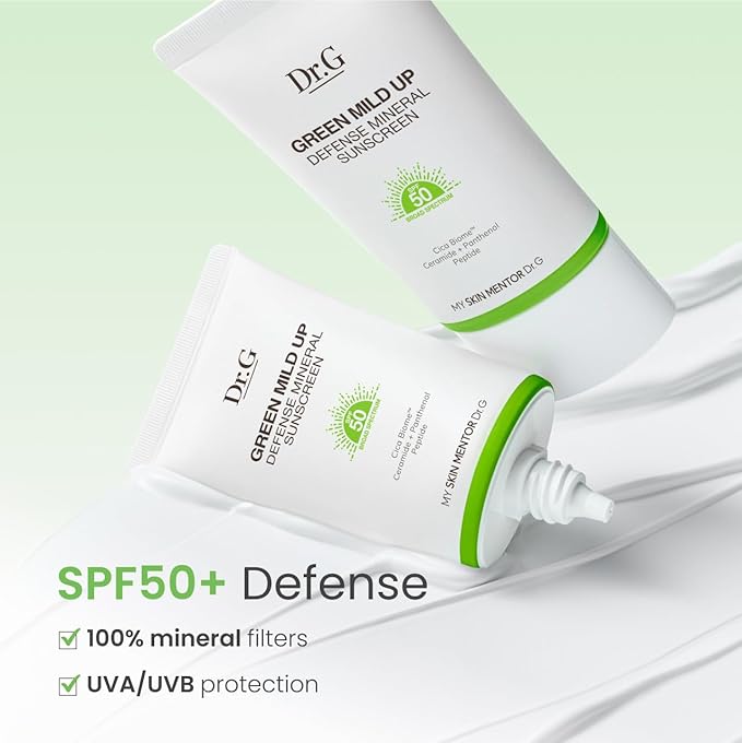Dr. G Green Mild Up Defense Mineral Sunscreen - SPF 50 Broad Spectrum Korean Sunscreen - Lightweight & Reef-Safe Mineral Formula - For Sensitive Skin - Non-Greasy - With Centella Asiatica - 1.69 fl oz