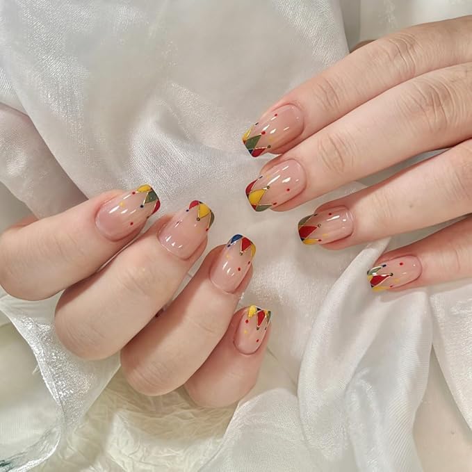 XZMeiLun Baroque Short Square Press On Nails 30Pcs, Spring Summer Nails for Women, Colour French Tips Press On Nail, Designer Reusable Acrylic Fake Nail with Glue On Nails,Stick On Nails for Women
