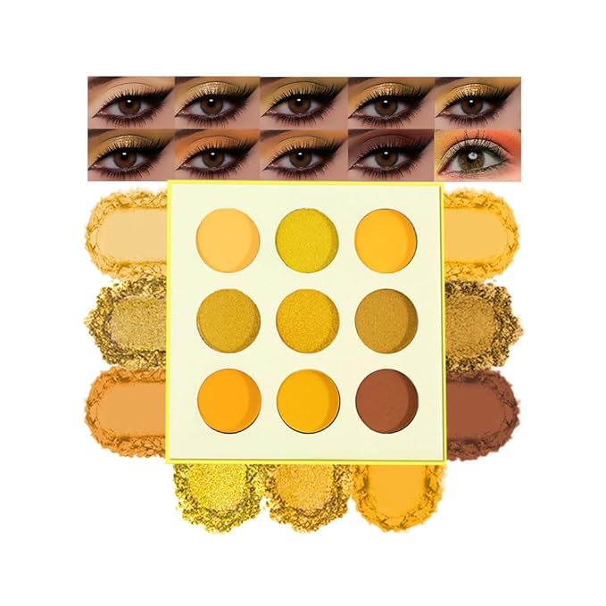 9-Color Yellow Gold Matte Shimmer Eyeshadow Palette – High Pigment Warm Orange, Lemon & Brown Shades, Long-Lasting Waterproof Blendable Eye Makeup for Summer, Sunset & Daily Looks