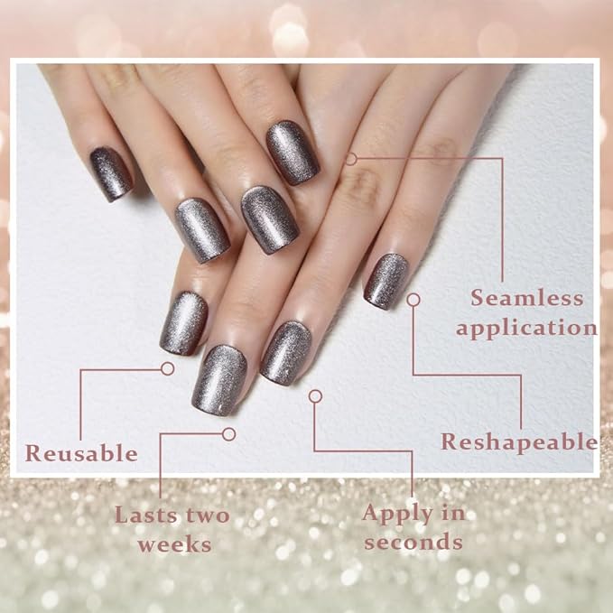 evpct Glitter Pearl Silver Cat Eye Press on Nails Square, Short Square Stick on Nails for Women Gift, Glitter Metallic Shimmer Silver Reusable Gel Press on Acrylic Fake Nail with Designs