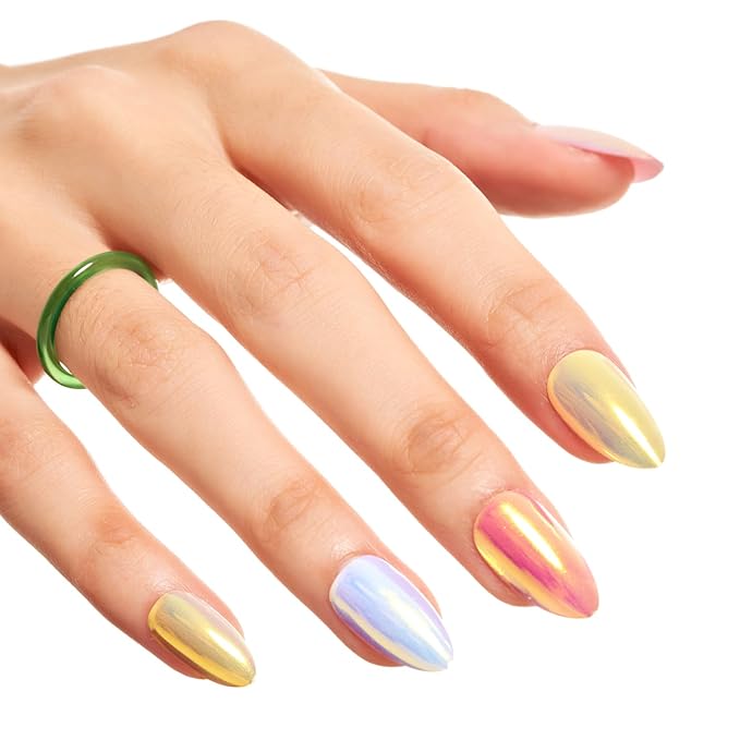 GLAMERMAID Light Pink Purple Press On Nails Short Almond, Bright Chrome Glazed Handmade Soft Jelly Gel Fake Nails, Mirror Grey Round Oval Stick Glue on Nail Kit for Women, Reusable Acrylic False Nail