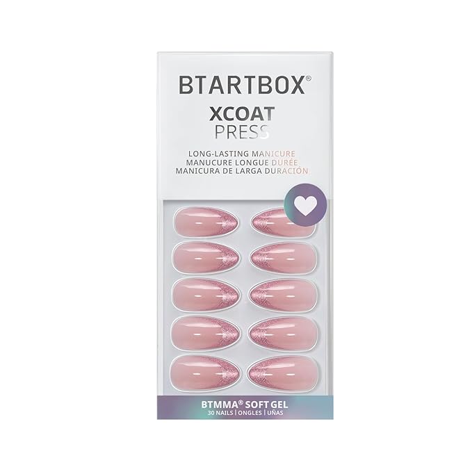 BTArtbox Press On Nails Medium - Pink Frosting, Lamp-Curable Almond Cat Eye French Tip Press On Nails with Glue and Adhesive Tabs for Women, Soft Gel Glue On Nails in 15 Sizes - 30 Stick On Nails Kit