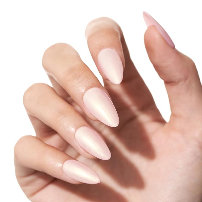 GLAMERMAID Press on Nails Medium Almond, Spring Handmade Shimmer White Pearl Gel Glue on Nail, Glossy Short Stiletto Reusable Pink Fake Nails Acrylic False Nails Manicure Kits for Women