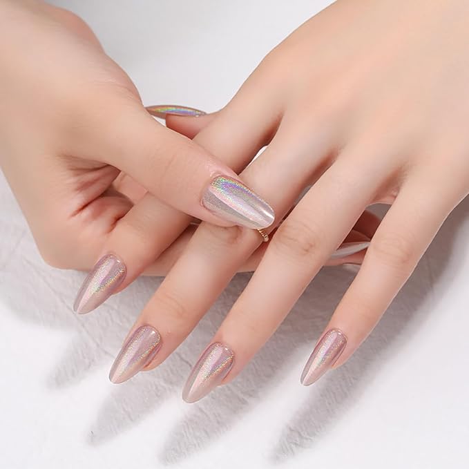 XZMeiLun 24Pcs Silver Holographic Acrylic Press on Nails Short Almond - Reusable Fake Nails with Nail Glue Kit, Long Lasting Chameleon Static Nails for Women Daily Wear & Parties (Glossy Laser Design)