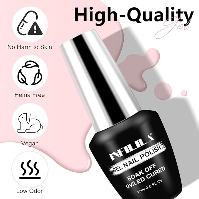 NXJ INFILILA Baby Pink Gel Nail Polish, 15ml 0.51oz Pastel Pink Gel Nail Polish One-Stroke Coloring, Hema Free Gel for Nail Art Design Manicure Salon DIY Salon SX0020