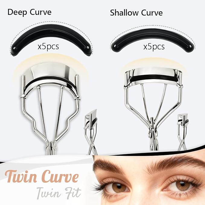 qiipii 2 Kinds of Eyelash Curlers with Different Curvature Suitable for Various Eyes Shapes, Silver Comfort Grip,10 Silicone Replacement Refills Pads for Perfect Framed Lashes - Gentle & Safe Use