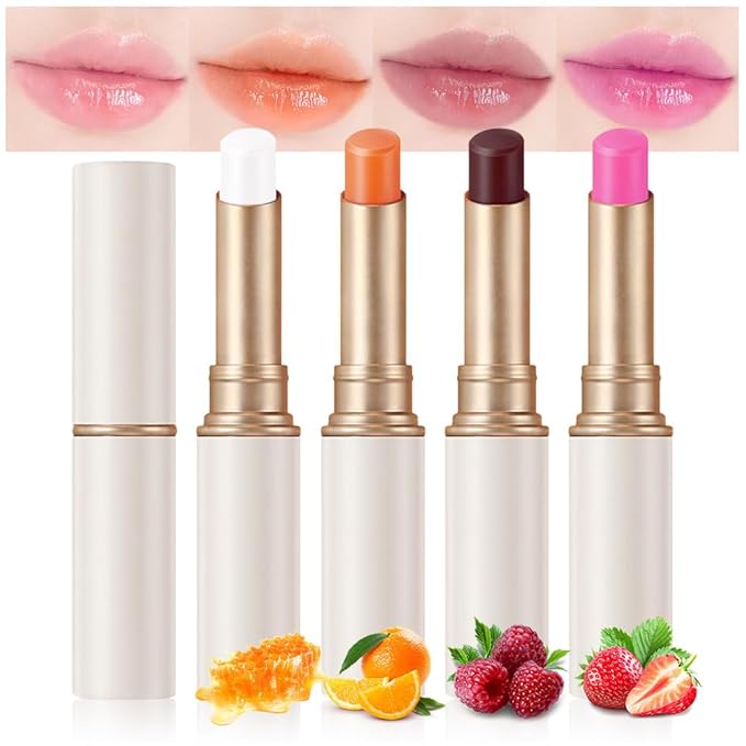 evpct 4Pcs Color Changing Lipstick Long Lasting Waterproof 24 Hours Original for Women, Honey Orange Raspberry Strawberry Pink PH Mood Permanent Color Changing Lipstick Lip Balm, labial magico