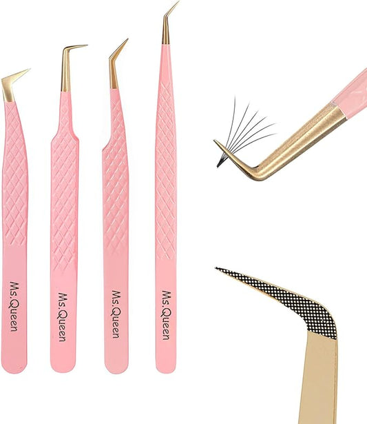 Ms.Queen Eyelash Extension Tweezers,4Pcs Fiber Tip Lash Tweezers for Volume Lashes Make Fans,45 90 Degree Boot Isolation Lash Tweezers Set