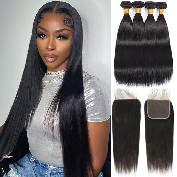 4 Bundles with Closure Human Hair Straight Bundles Human Hair for Black Woman (22 24 26 28+20 Closure) Sew In Hair Extensions Real Human Hair Glossy Hair Bundles Double Weft Black Color