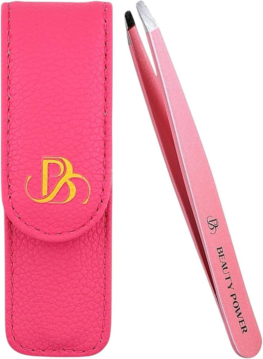 Beauty Power Professional Tweezers in Case - Slant, Durable Lightweight German Stainless Steel, Ultra Precision Tweezers for Eyebrows, Facial Hair, Chin, and Ingrown Hair Removal - Gift (Pink)