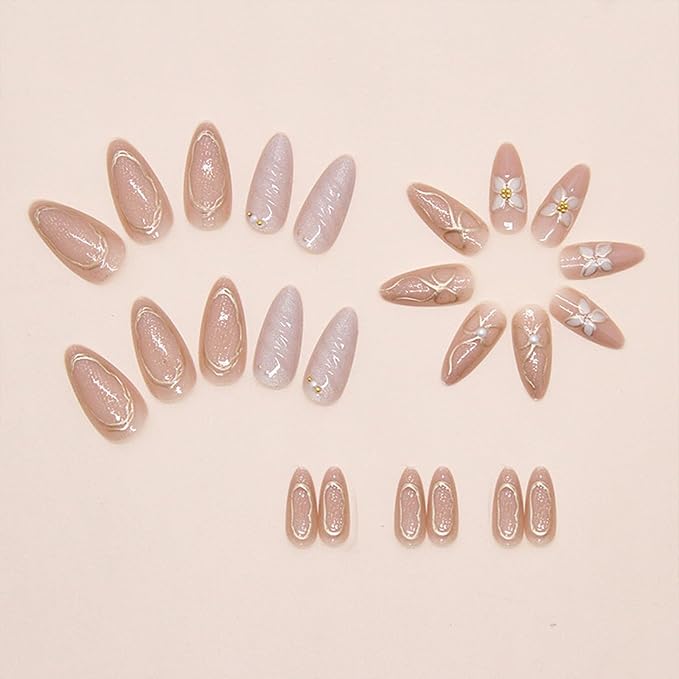 JONKASIPA French Almond Nail 3D Pink Floral Bow Nail Gloss Full Coverage Gel Patch Nails 24pcs Set