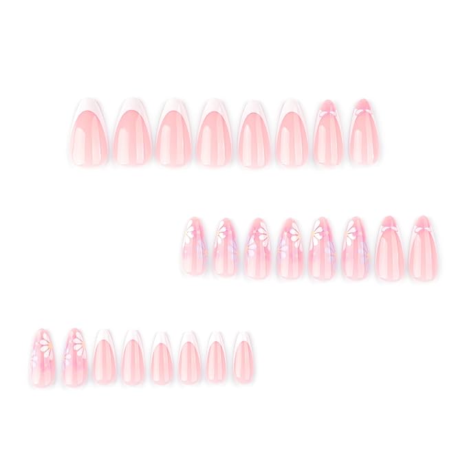 XZMeiLun Bow French Tip Press On Nails Spring Summer Acrylic Nails for Women - Purple Flower Designer Fake Nails Short Almond 24Pcs, Outdoor Picnic/Wedding/Party Reusable Glue On Stick On Nails