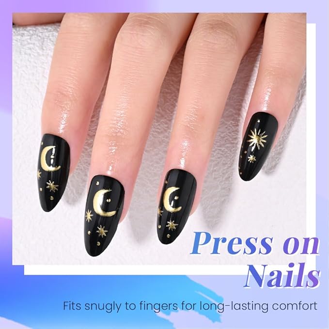 XZMeiLun Black Star Moon Press on Nails, Long Almond Acrylic Fake Nails Design, Natural Reusable Glue-On Nails Kit for Women DIY 3D False Nail Art Decoration Gift, Salon Quality Reusable 15/30 Psc