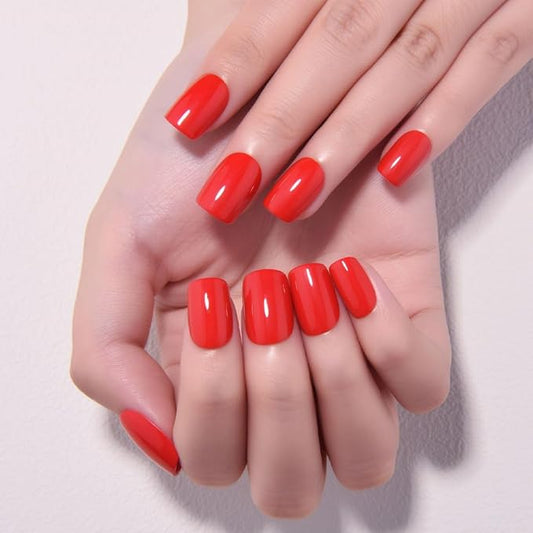 evpct Ruby Red Short Press on Nails Square, Glossy Soft Gel Acrylic Fake Press on Nails Manicure Kit, Reusable Artificial Stick on Nail for Women, Full Cover Easy Application Easy At-Home Salon