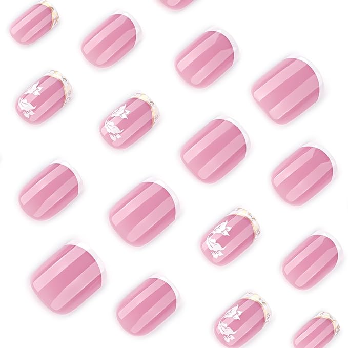 XZMeiLun French Tip Press On Nails Spring Summer Acrylic Nails for Women - White Flower Designer Fake Nails Short Square 24Pcs, Outing/Party Reusable Glue On Stick On Nail Gift For Women