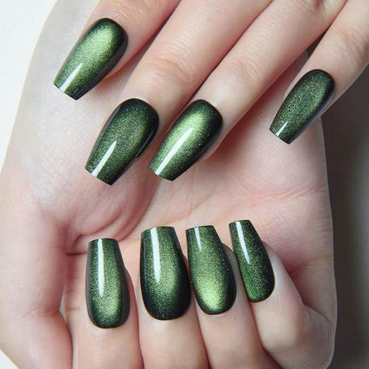 evpct Emerald Green Cat Eye Coffin Press on Nails Square Medium, Medium Square Stick on Nail for Women Gift, Green Metallic Glitter Glossy Reusable Soft Gel Press on Acrylic Fake Nail with Designs