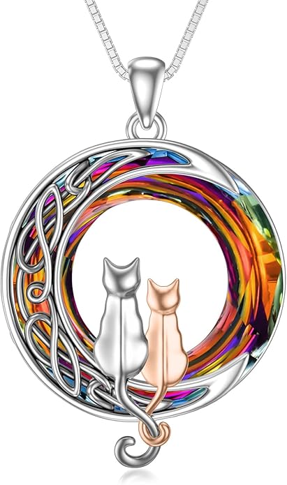 TOUPOP Cat Gifts for Cat Lovers One Two Three Four Cats Necklace Sterling Silver Cats on the Moon Pendant Necklace with Blue Circle Crystal Birthday Christmas Celtic Jewelry Gifts for Women