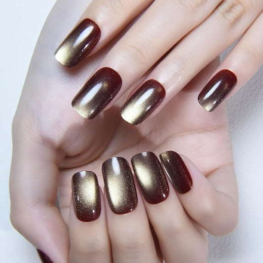 Brown Khaki Reflective Cat Eye Press on Nails Medium Square, Medium Square Press Stick on Nails Chrome for Women, Holographic Glitter Glossy Reusable Gel Acrylic Fake Nail with Designs Cateye Effect