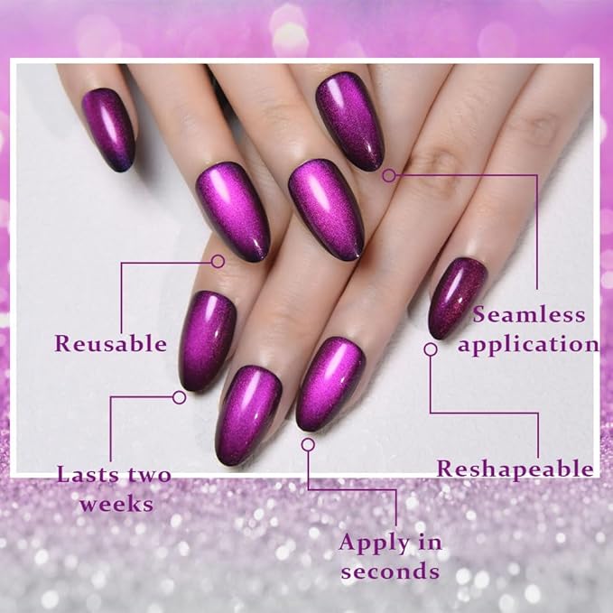 evpct Dark Blue Purple Press on Nails Almond Short, Purple Sapphire Blue Cat Eye Glitter Press on Nails for Women Gift, Soft Gel Press Stick on Nail with Nail Kit 60Pcs Reusable Acrylic Fake Nails Kit