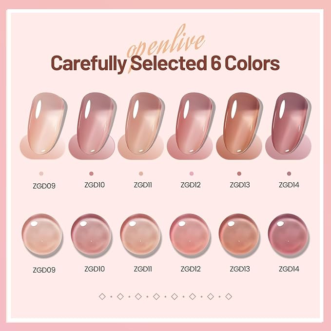 OpenLive Jelly Nail Polish Set 6 Colors Nude Pink Pale Purple Jelly Quick Dry Nail Polish Set for Nail Art Manicure DIY Salon