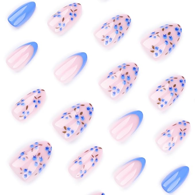 XZMeiLun Press On Nails Spring Summer Acrylic Nails for Women - Blue Flower Designer Fake Nails Short Almond 24PCS, Blueberry Gel with Glue, Outdoor Picnic/Wedding/Party Reusable Stick On Nails Gift