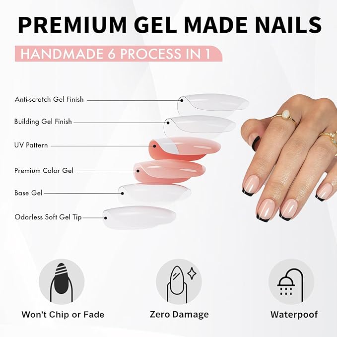 SHANGMENG Black French Tip Press on Nails Square - Soft Gel Press on Nails Short, Fit Perfectly & Natural Stick on Nails with Glue in 16 Sizes - 32 Reusable Fake Nails for Women Gift, Black French