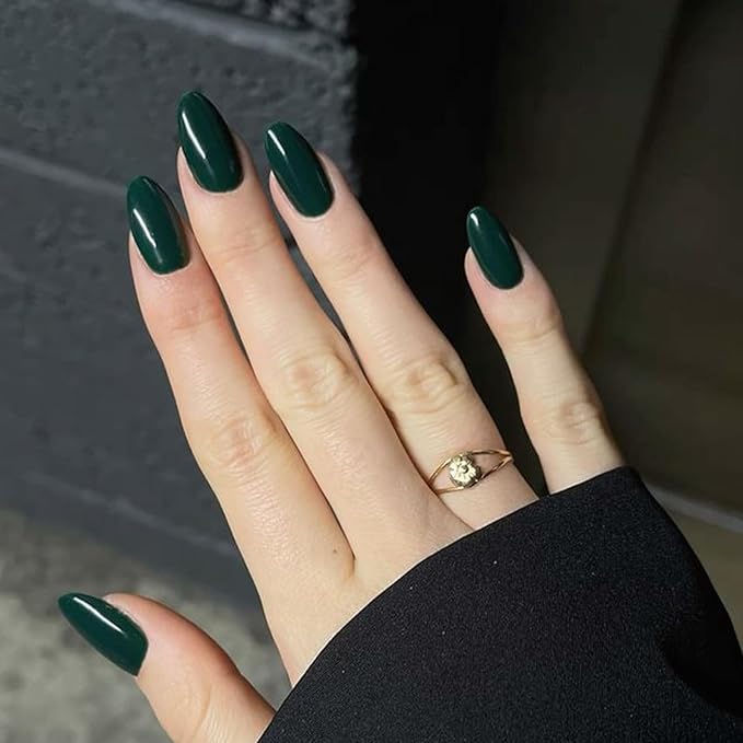 Modelones Dark Green Press on Nails Almond, Short Almond Fake Nails, Reusable Nail Kit with Nail Glue Adhesive Tabs Mini Nail File, Nails Press Ons 32Pcs 16 Sizes