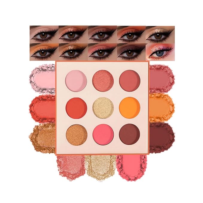 9-Color Warm Matte Shimmer Glitter Eyeshadow Palette – High Pigment Orange, Coral, Pink & Brown Shades, Long-Lasting Waterproof Blendable Eye Makeup for Summer, Daily, and Glam Looks
