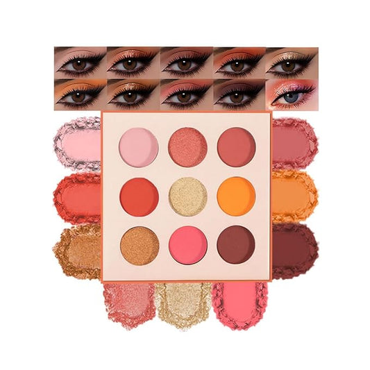 9-Color Warm Matte Shimmer Glitter Eyeshadow Palette – High Pigment Orange, Coral, Pink & Brown Shades, Long-Lasting Waterproof Blendable Eye Makeup for Summer, Daily, and Glam Looks