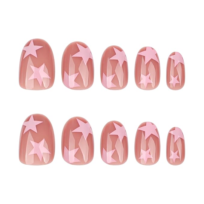 XZMeiLun Press On Nails Spring Acrylic Nails for Women - Pink Star French Designer Fake Nails Short Almond 24PCS, Glossy Soft Gel with Glue, Outdoor Picnic/Wedding/Party Reusable Stick On Nails Gift