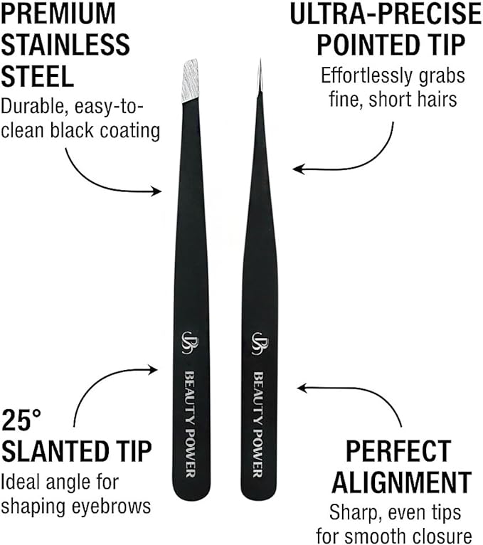 Beauty Power Precision Tweezers for Women Facial Hair & Men - Professional Tweezers Set with Slant & Point Tips, German Stainless Steel, PU Leather Travel Case, Lightweight & Ultra Precision Black