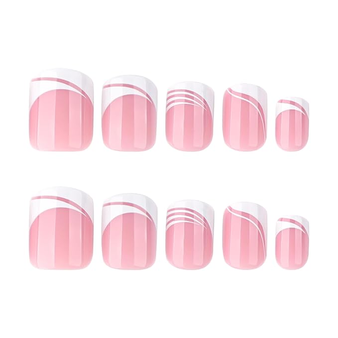 XZMeiLun French Tip Press On Nails Summer Acrylic for Women - Designer Fake Nails Short Square 24PCS, Glossy Soft Gel with Glue, Outdoor Picnic/Wedding/Party Reusable Stick On Nails Gift