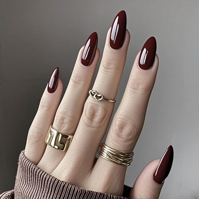 JONKASIPA Medium Almond Shape, Press On Nails, Burgundy Red Fake Nails Short Oval, Reusable Acrylic Patch Fake Nail Set Designed for Women