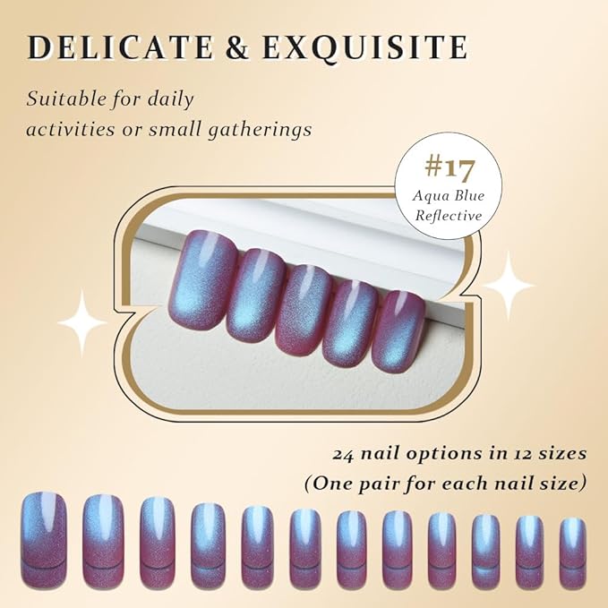 evpct Mauve Blue Reflective Metallic Cat Eye Press on Nails Square Medium, Stick on Nails Medium Length Square for Women, Mauve Metallic Nail press ons, Iridescent Glitter Acrylic Fake Press on Nail