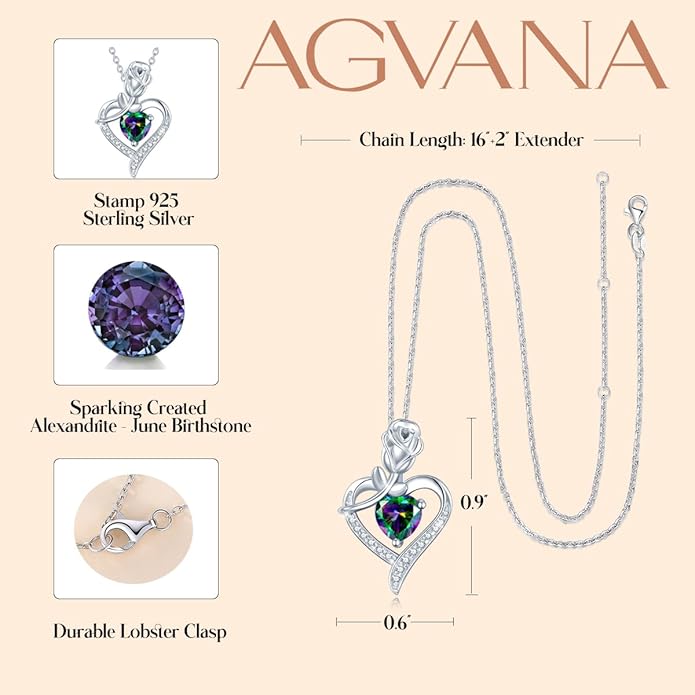 AGVANA Christmas Gifts Rosy Reverie Birthstone Necklace for Women Sterling Silver Genuine or Created Gemstone Rose Flower Heart Pendant Necklace Anniversary Birthday Gifts for Women Mom Wife Her