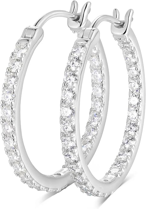 Wyyxl Womens Diamond Hoop Earrings, 20/25/30mm Small Hoop Sterling Silver Based Hypoallergenic Huggie Stud, Sparkle Moissanite 5a Cubic Zirconia Earings Jewelry for Woman Daily Party Wear