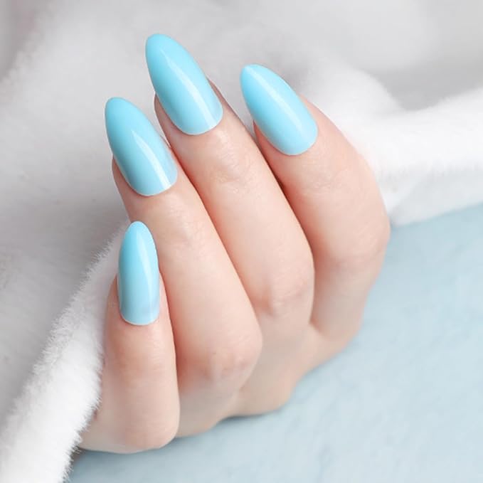 JONKASIPA Pressed On Nail Art Short - Soft Light Blue Almond Shaped Fake Nails, French Pointed Nails Designed for Women, Nail Art Set for Everyday Wear