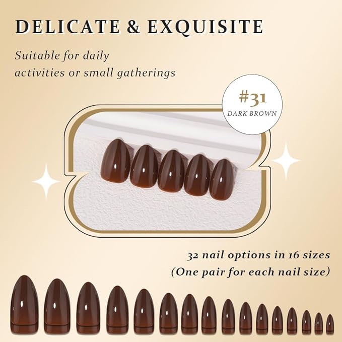 evpct Dark Brown Glossy Press on Nails Short Almond, Glossy Fake Nail Stick on Nail for Women Gift with Kit, Salon Quality Soft Gel Stick on Acrylic False Nails Reusable Full Cover for Women Manicure