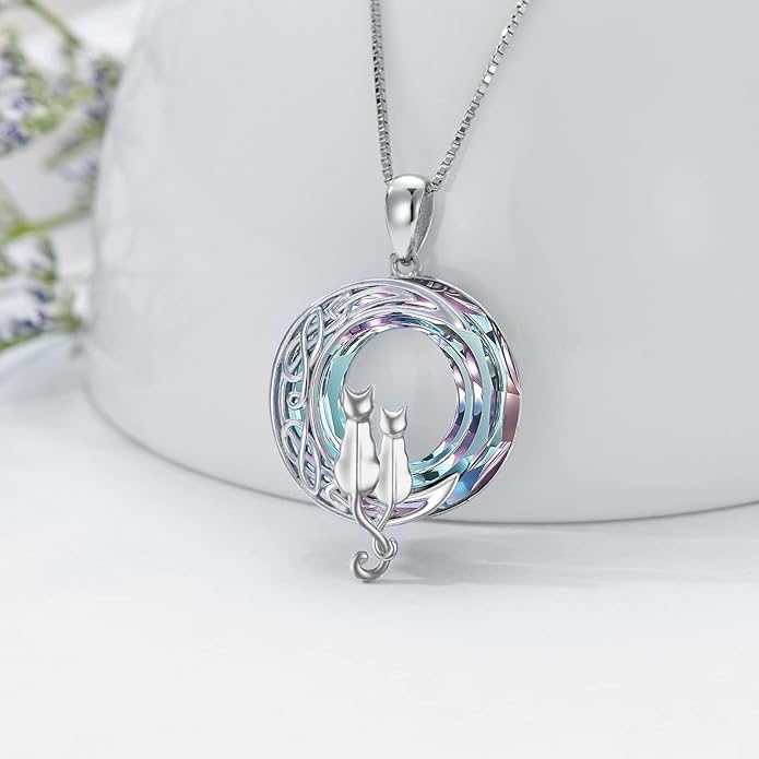 TOUPOP Cat Gifts for Cat Lovers One Two Three Four Cats Necklace Sterling Silver Cats on the Moon Pendant Necklace with Blue Circle Crystal Birthday Christmas Celtic Jewelry Gifts for Women