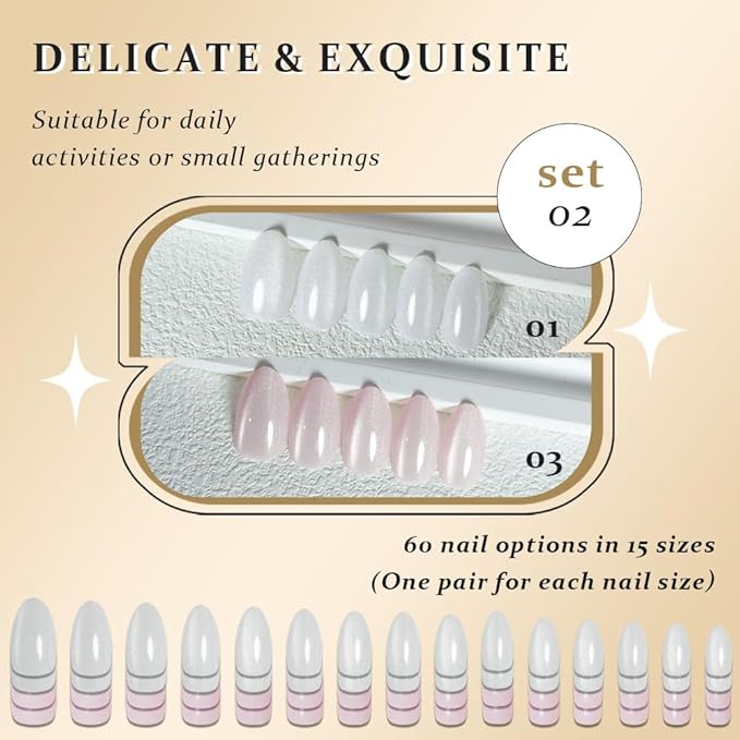 Cat Eye Press on Nails Almond Short, Cat Eye Stick on Nails Press on, Pearl White Nude Pink Glitter Short Almond Press Stick on Nail, Fake Nails Press ons with Kits, Reusable Acrylic Fake Nail Kit